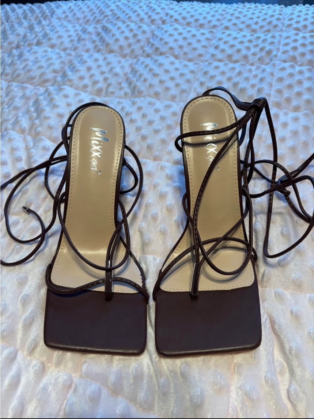 Mixx Shuz Brown Square-Toe Lace-Up Heels